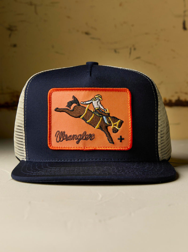 i+w x Wrangler "buckin" trucker in blue