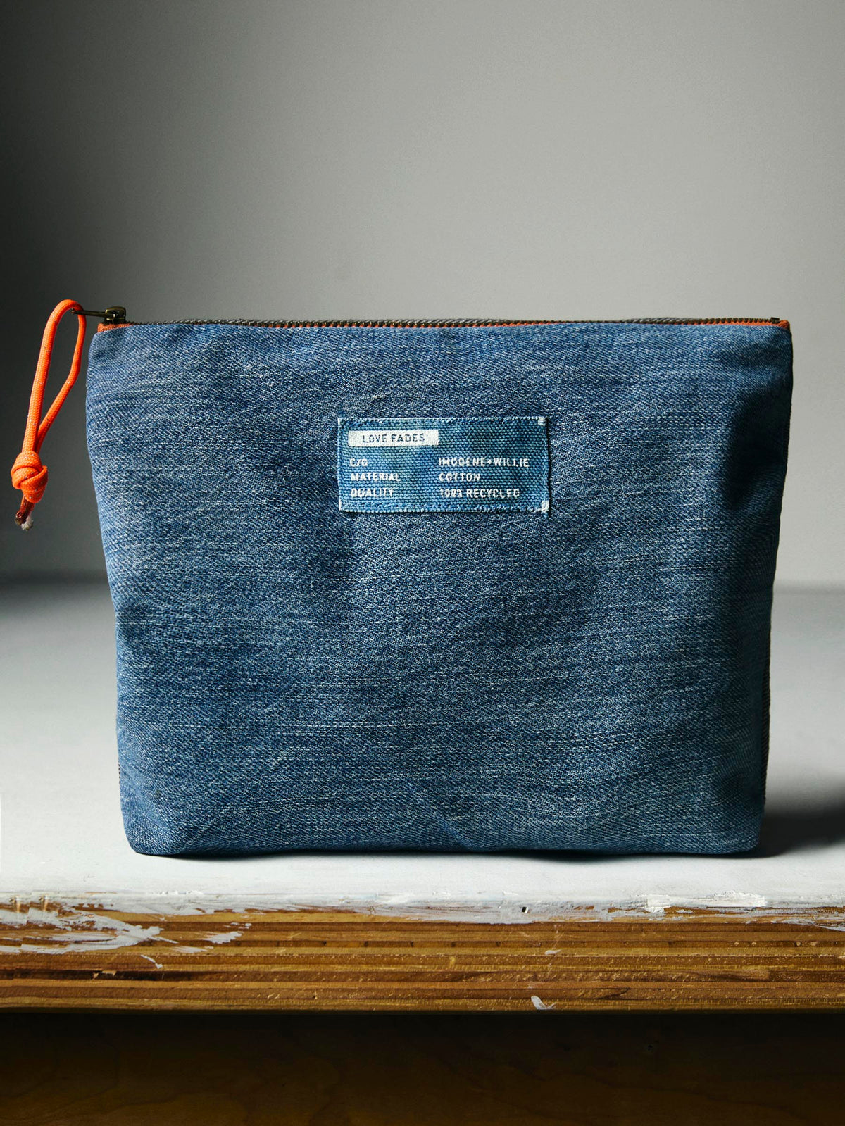 love fades recycled denim zipper pouch