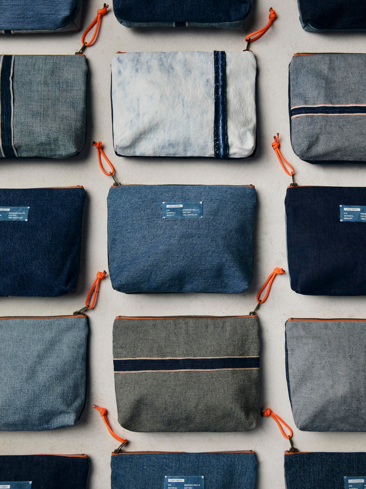 love fades recycled denim zipper pouch