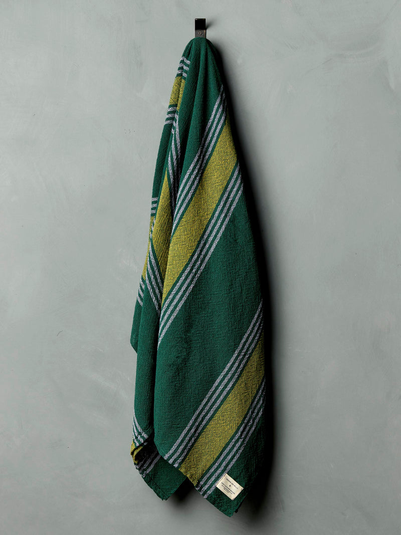 i+w x family heirloom weavers cotton throw in spruce stripe - Model