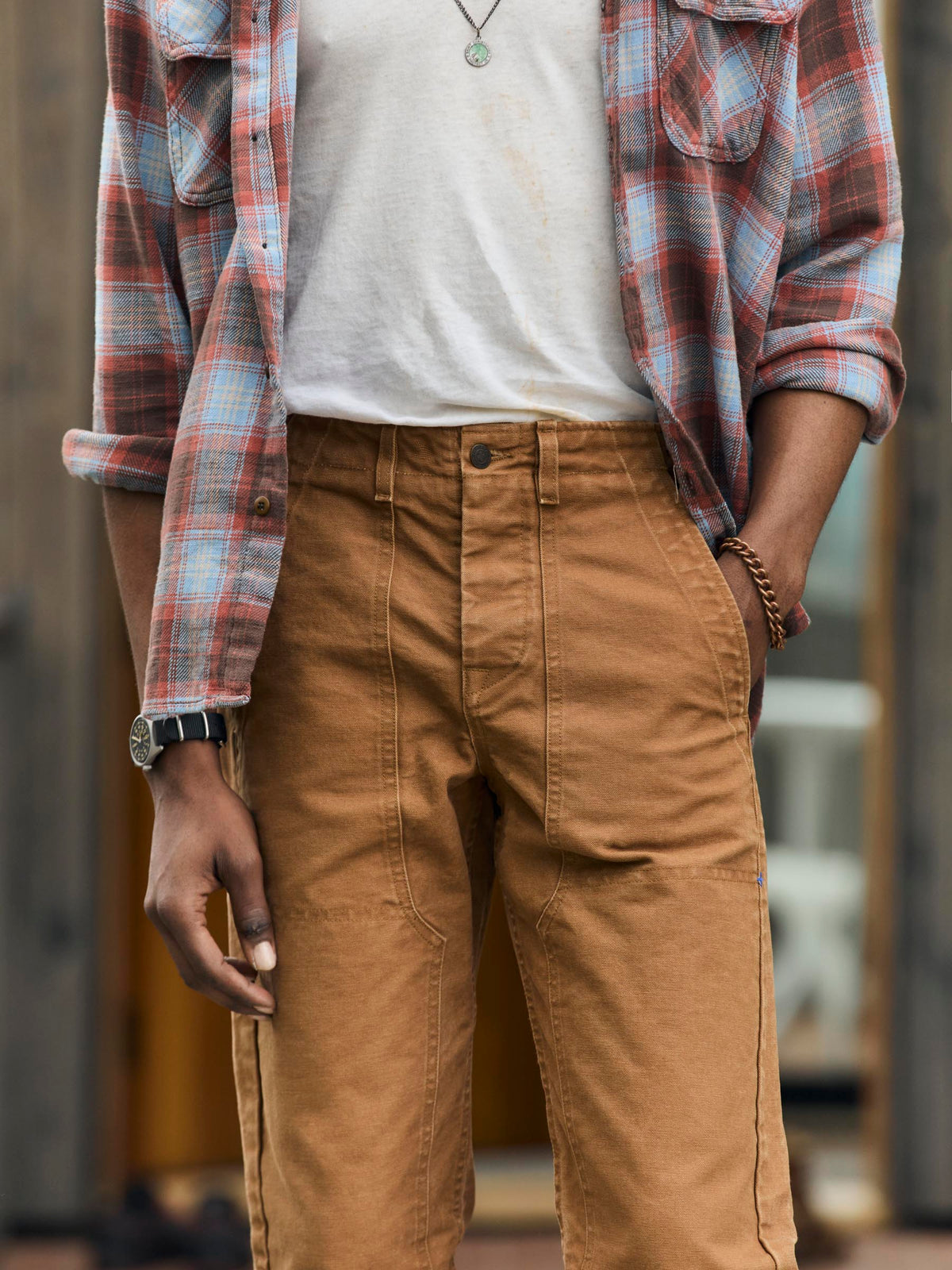 hencye washed canvas workpant in brown