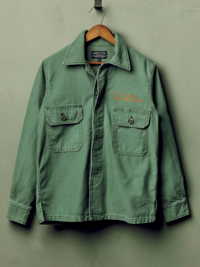 military shirt jacket in fatigue green