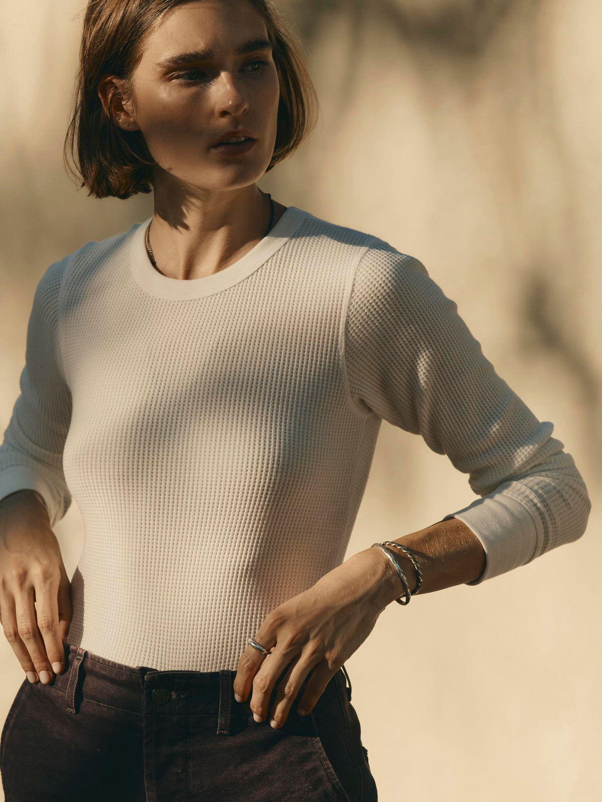 long sleeve waffle thermal in white