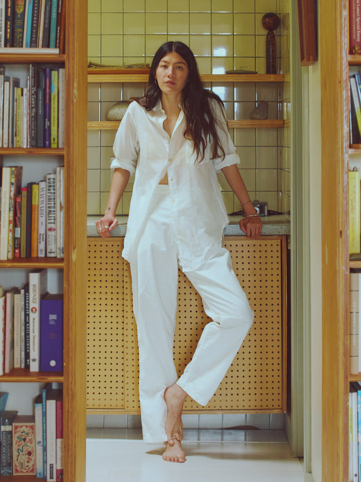 baker striped trouser in white